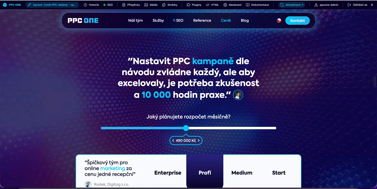 Horní lišta Astral Editoru na frontendu webu